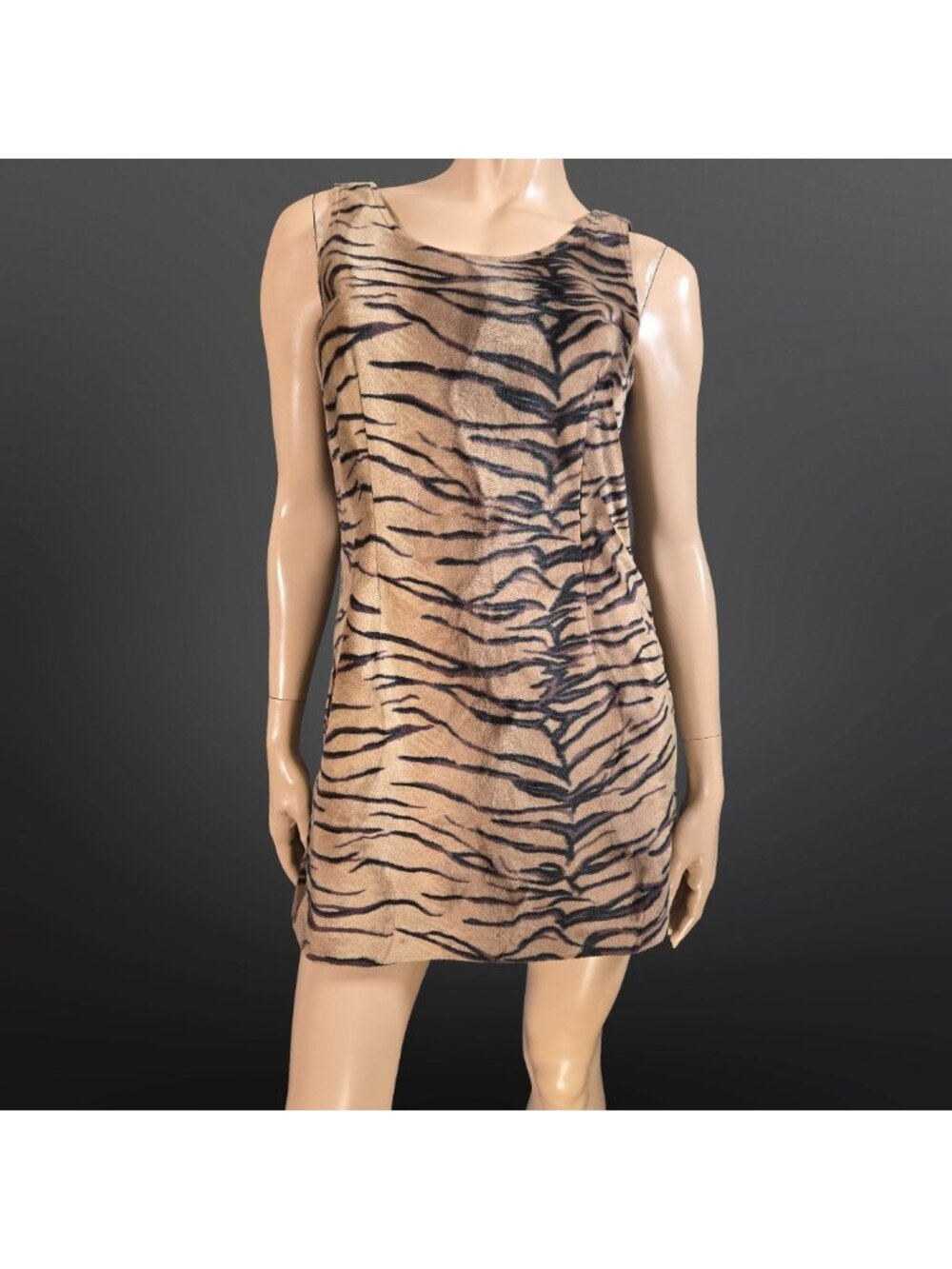 Vintage 90s Le Chateau Tiger Striped Faux Fur Mini Dress Size S Sleeveless Beige